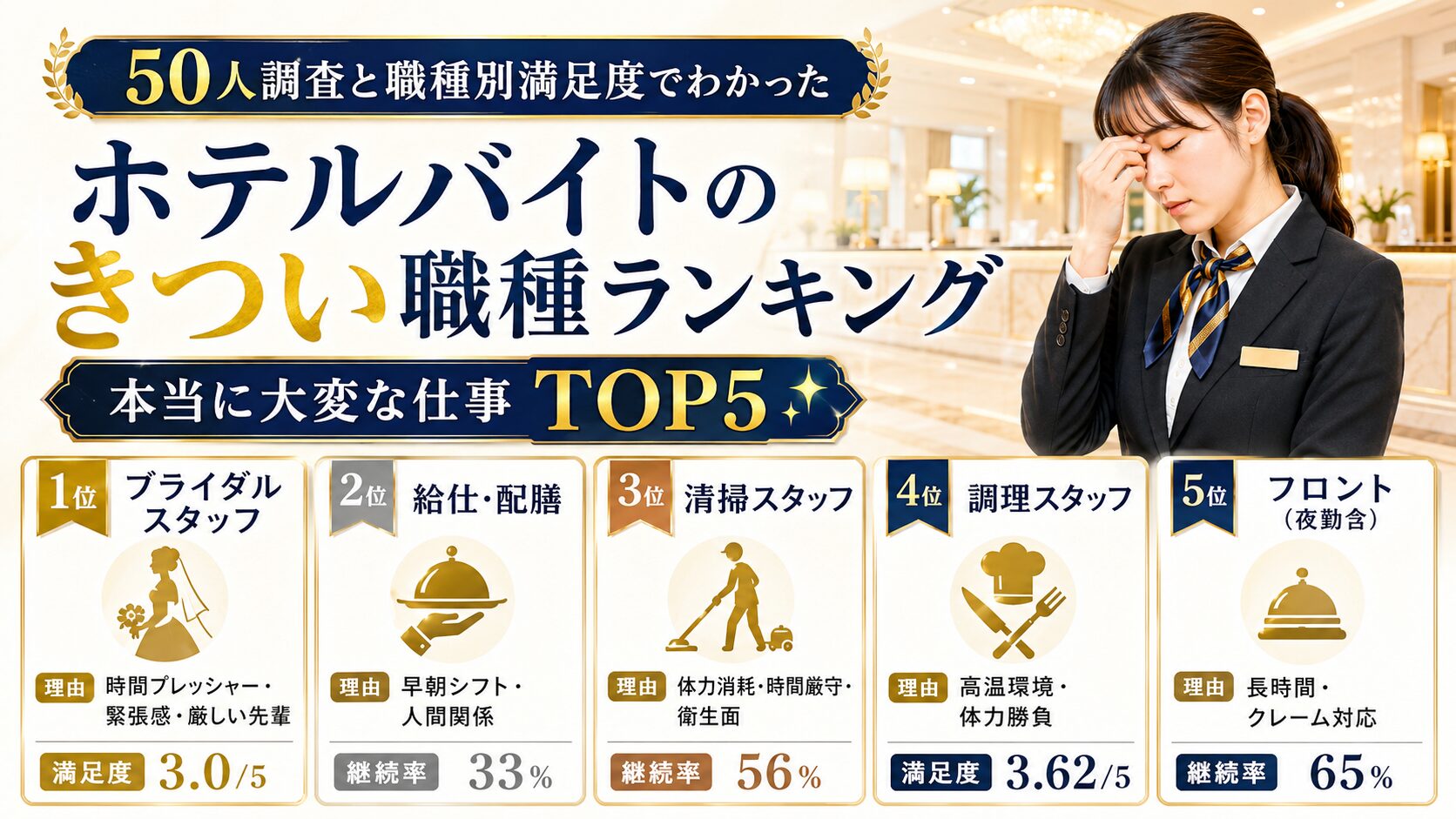 ホテルバイトのきつい職種ランキング|50人調査と職種別満足度でわかった本当に大変な仕事TOP5