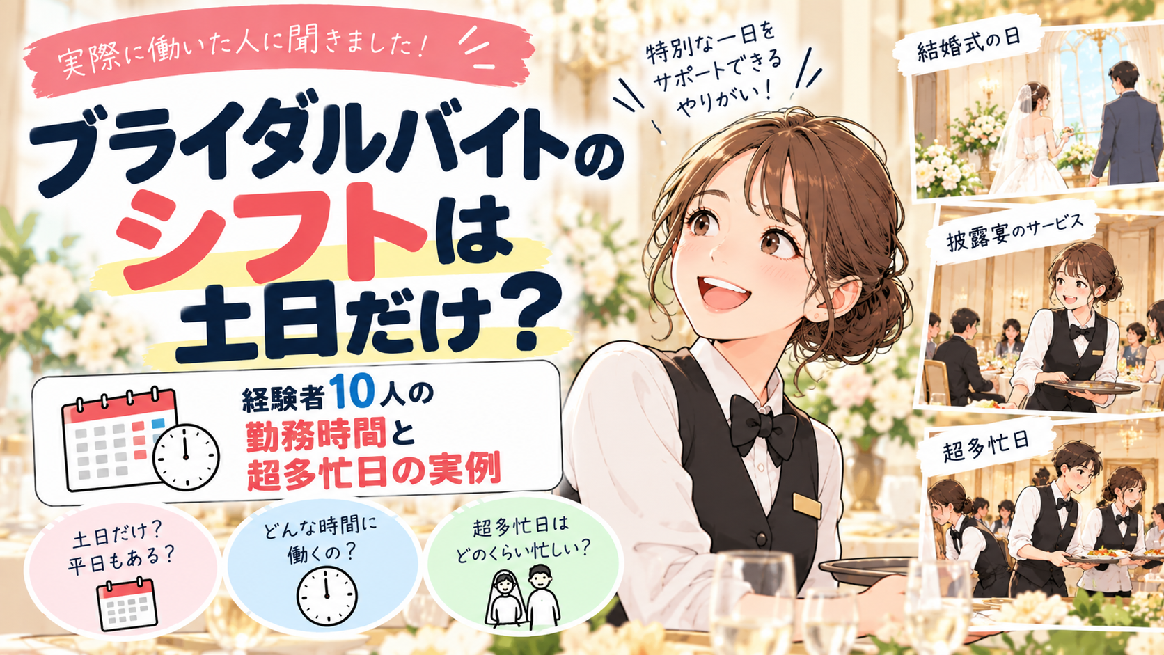 ブライダルバイトのシフトは土日だけ？経験者10人の勤務時間と超多忙日の実例