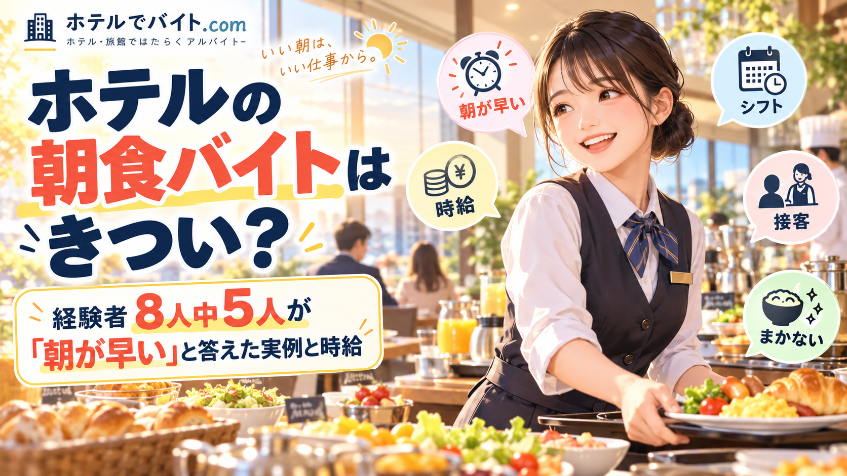ホテルの朝食バイトはきつい？経験者8人中5人が「朝が早い」と答えた実例と時給