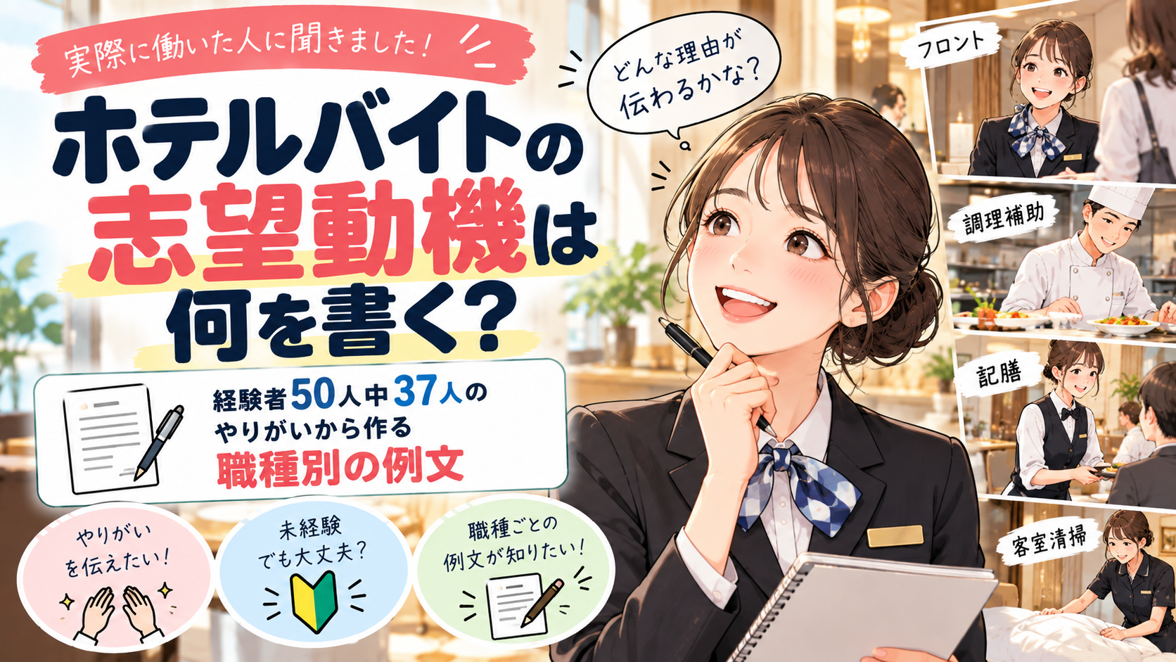 ホテルバイトの志望動機は何を書く？経験者50人中37人のやりがいから作る職種別の例文