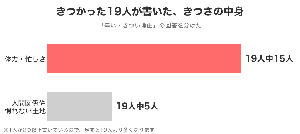 きつかった19人が書いたきつさの中身は、体力・忙しさが15人、人間関係や慣れない土地が5人