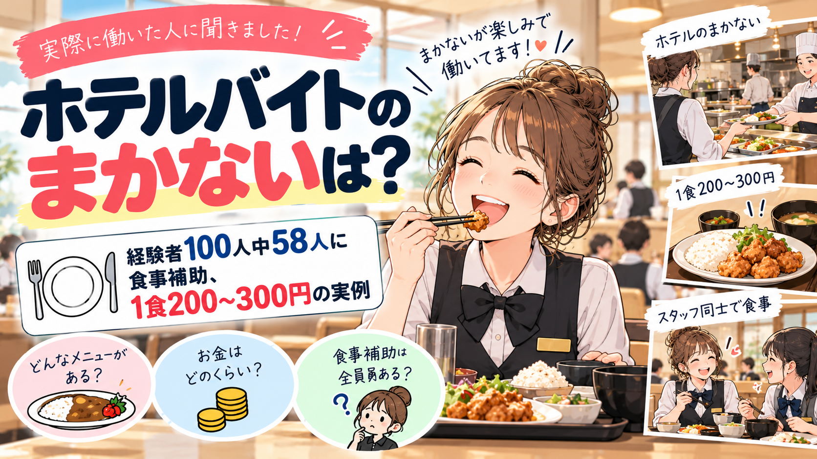 ホテルバイトのまかないは？経験者100人中58人に食事補助、1食200〜300円の実例