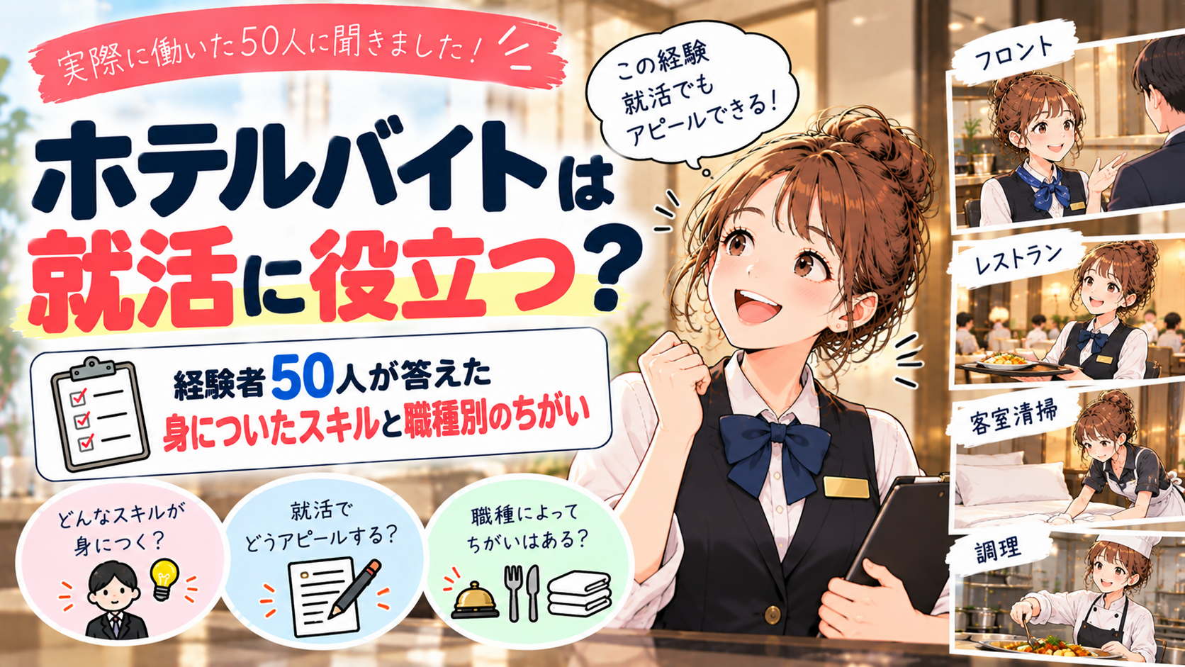 ホテルバイトは就活に役立つ？経験者50人が答えた身についたスキルと職種別のちがい
