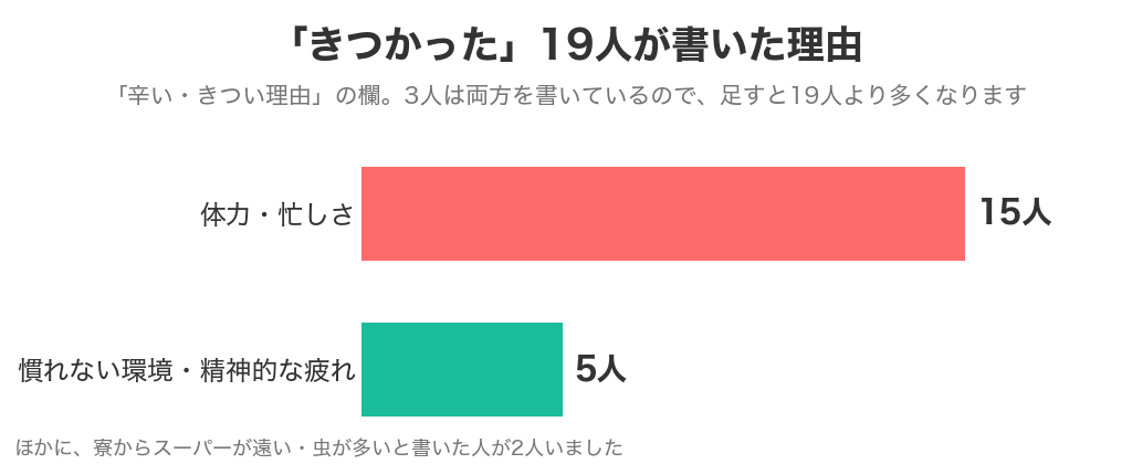 リゾバがきつかった19人の理由(体力・忙しさ15人・慣れない環境や精神的な疲れ5人)